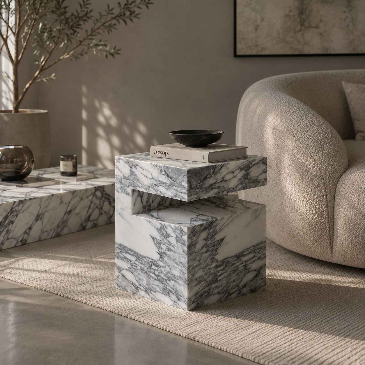 Block Marble Arabescato White Side Table