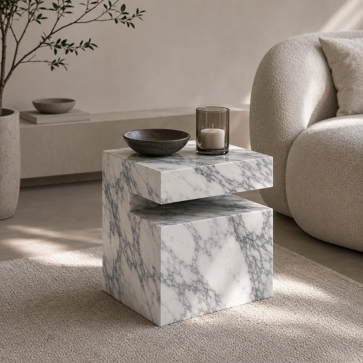 Block Marble Arabescato White Side Table