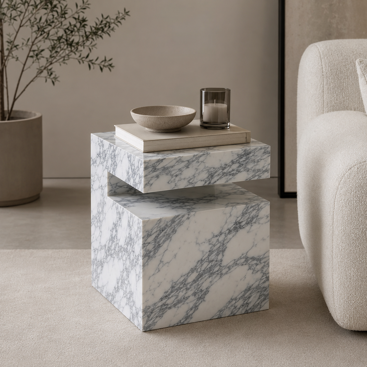Block Marble Arabescato White Side Table