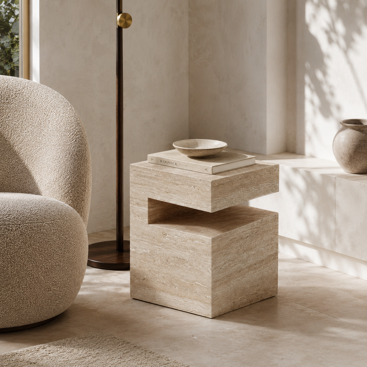 Block Marble Travertine Side Table