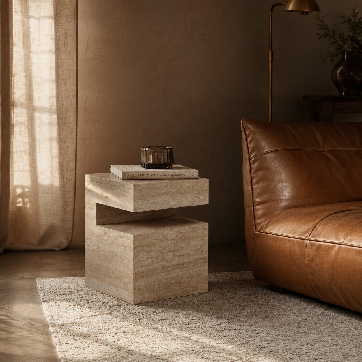 Block Marble Travertine Side Table