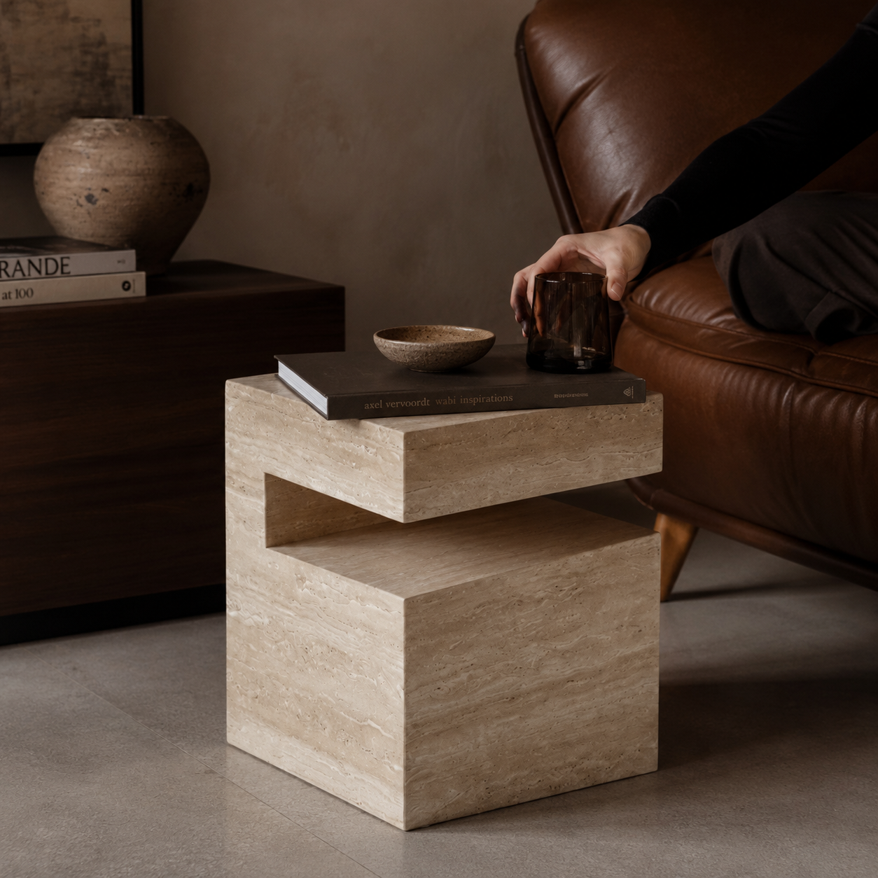 Block Marble Travertine Side Table