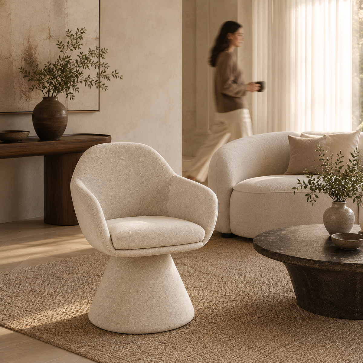 Odile swivel boucle dining chair side view