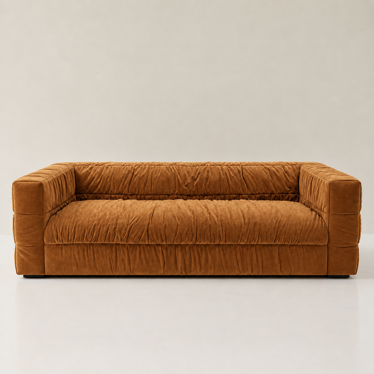Portofino low channel-tufted sofa in rust-toned ribbed corduroy