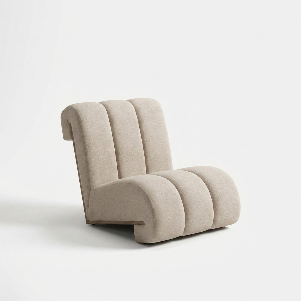Serafina Lounge Chair in beige upholstery with an exposed timber side rail