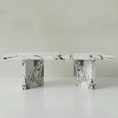 Castello dining table in Calacatta Viola marble with fluted centre support