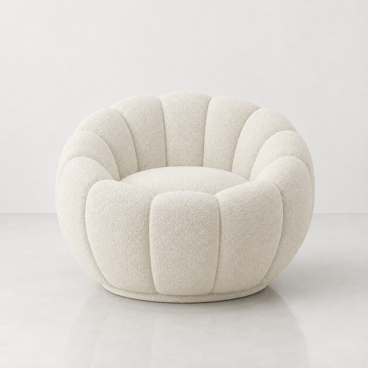 Salerno Swivel Chair in ivory bouclé with petal channelling