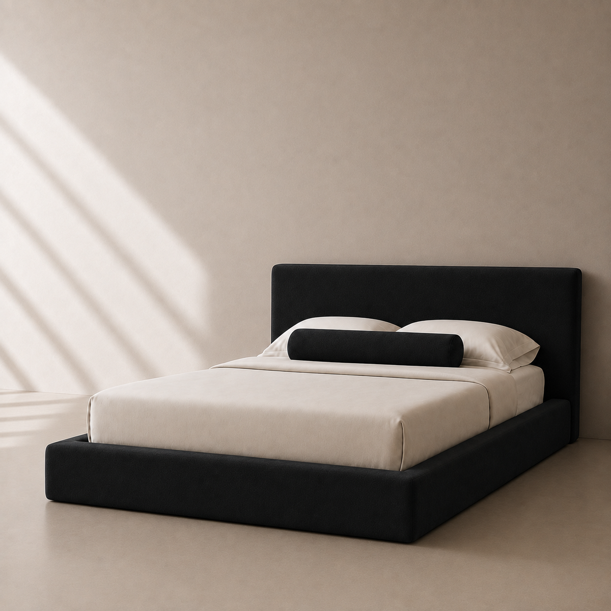 Black bouclé cloud bed frame, side profile